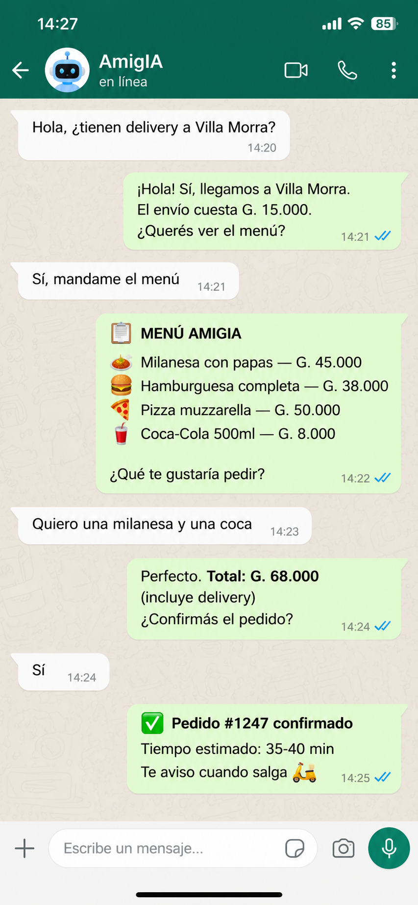 Ejemplo de conversación de WhatsApp con el bot de AMIGIA tomando un pedido