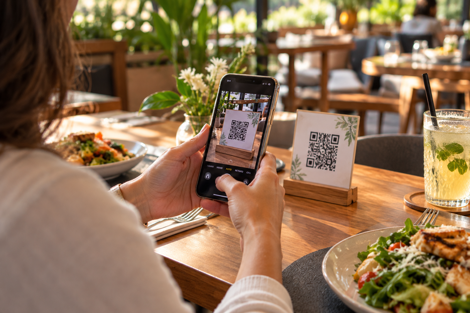 Cliente escaneando el código QR de AmigIA en su mesa para ver el menú y pagar